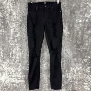 7 For All Mankind Size 27 Distressed Stretch Jeans Black Pants Button Zip Cotton